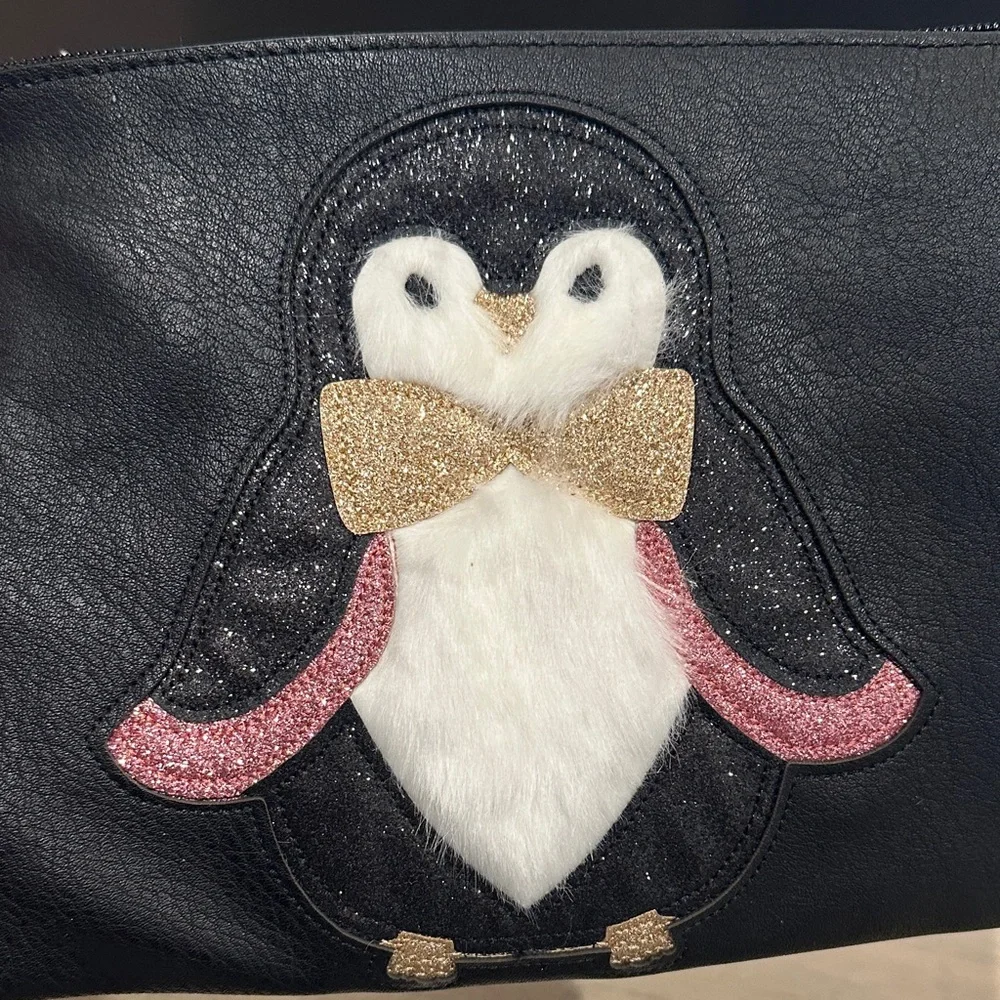LC Lauren Conrad Penguin Black Clutch Bag with Gold and Pink Accents